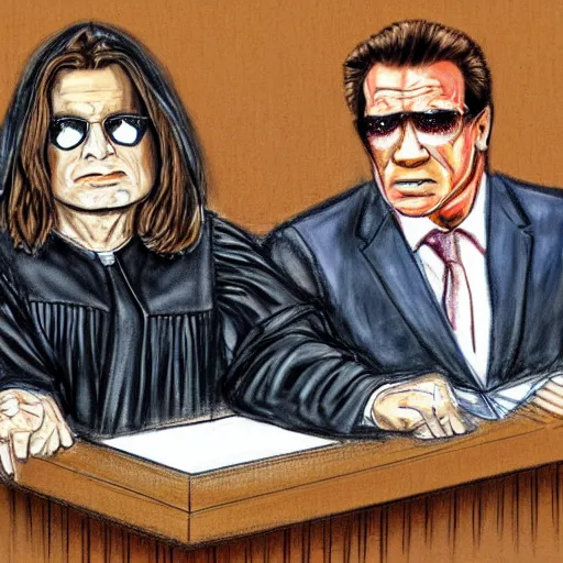 Prompt: Courtroom Sketch of Judge Ozzy Osbourne, with Arnold Schwarzenegger on trial