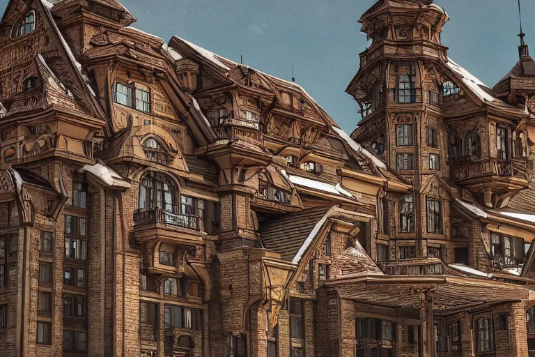 Image similar to postmodern zakopane designed by louis sullivan, still from a movie, photo art, artgerm, trending on artstation