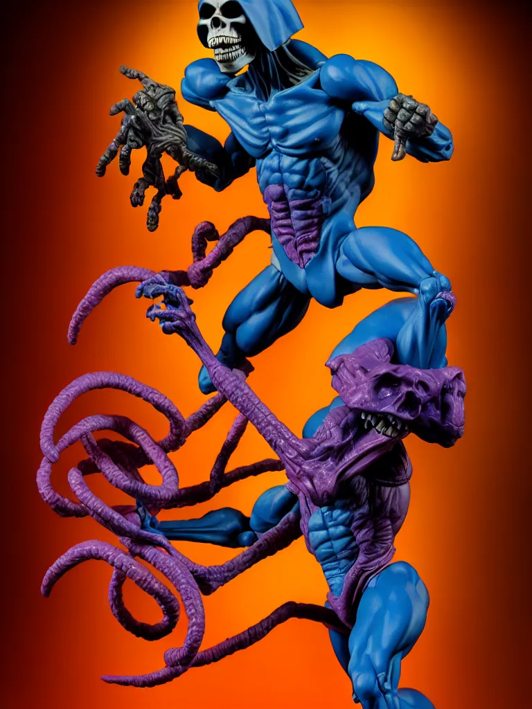 Prompt: hyperrealistic rendering, skeletor by art of skinner and richard corben and jeff easley, product photography, action figure, sofubi, studio lighting, colored gels