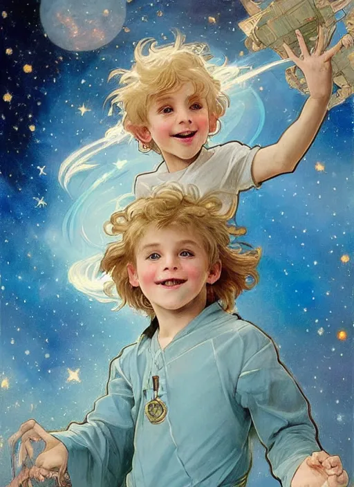 Prompt: a cute little boy with a narrow mischievous face, blue eyes, and tousled blonde hair smiles as he floats in space with stars all around him. he is wearing a turquoise outfit. beautiful painting by artgerm and greg rutkowski and alphonse mucha