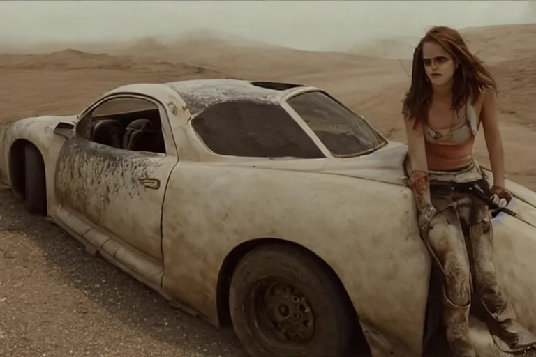 Image similar to Emma Watson driving in Mad Max Road Warrior, rusted, cobbled together Nissan R34 GTR, screenshot, cinematic Eastman 5384 film