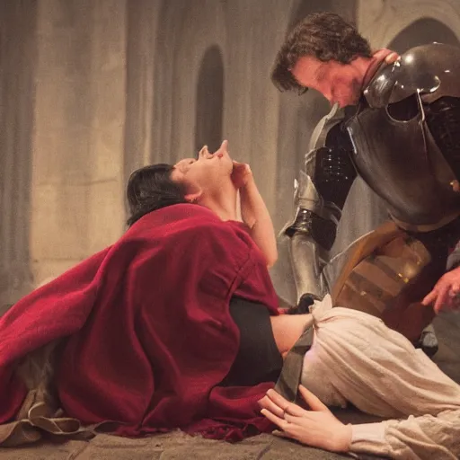 Prompt: woman crying next to his knight husband's body, cinematic, dramatic scene