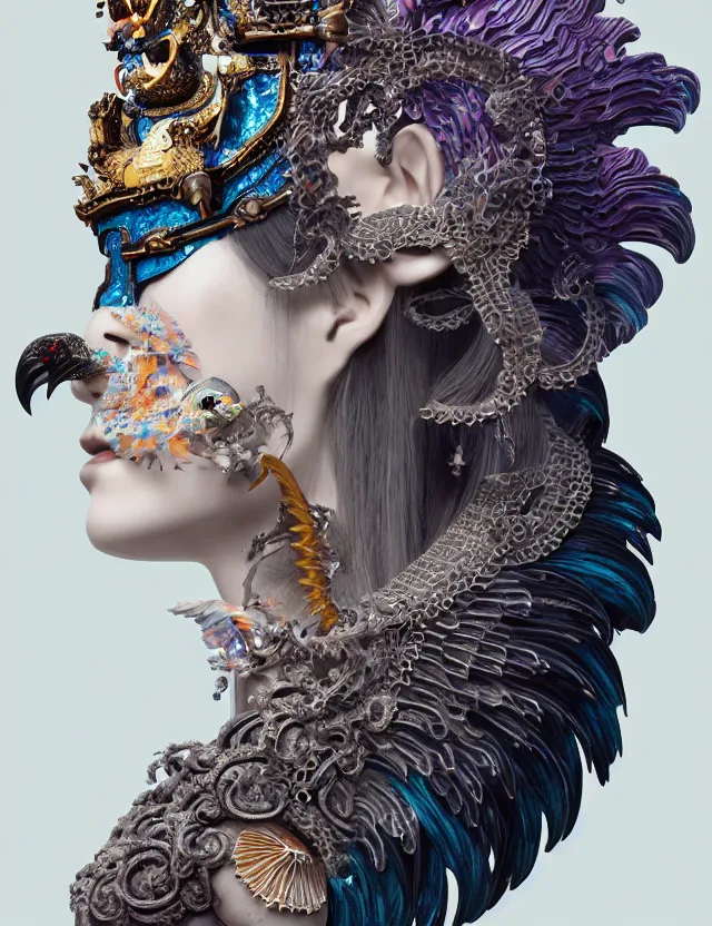 Image similar to 3 d goddess close - up profile portrait with crown, ram skull. beautiful intricately detailed japanese crow kitsune mask and clasical japanese kimono. betta fish, jellyfish phoenix, bio - luminescent, plasma, ice, water, wind, creature, artwork by tooth wu and wlop and beeple and greg rutkowski