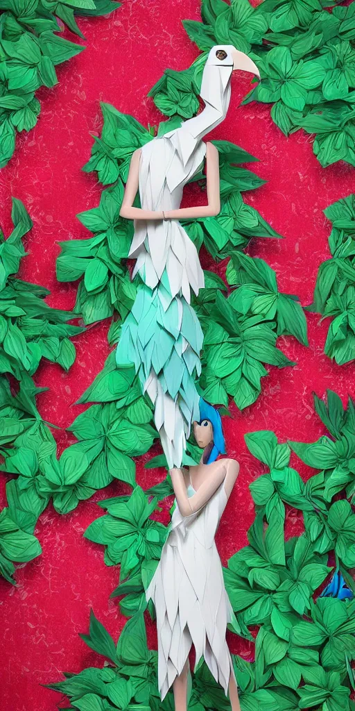 Image similar to anthropomorphic macaw woman wearing a flowing samba inpsired white and mint colored paper dress, background amazon jungle made of paper, paper Bougainvillea, many origami Bougainvillea, eery light, 3D, very detailed, octane render, trending ArtStation, artgem