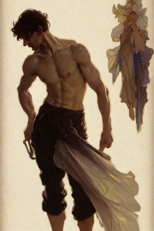 Image similar to full figure portrait of a single beautiful young fit man, large pants, bare feet, by greg rutkowski and alphonse mucha, d & d character, modern interior room background, highly detailed portrait, digital painting, artstation, concept art, smooth, sharp focus ilustration, artstation hq