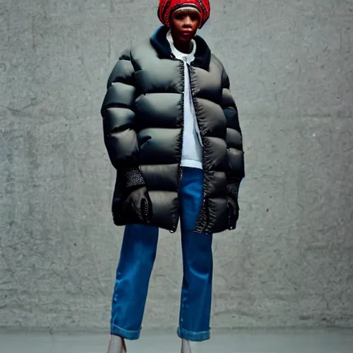 Image similar to realistic photoshooting for a new balenciaga lookbook color film photography portrait of a beautiful woman model, model wears a puffer jacket, photo in style of tyler mitchell, wes anderson, ssense