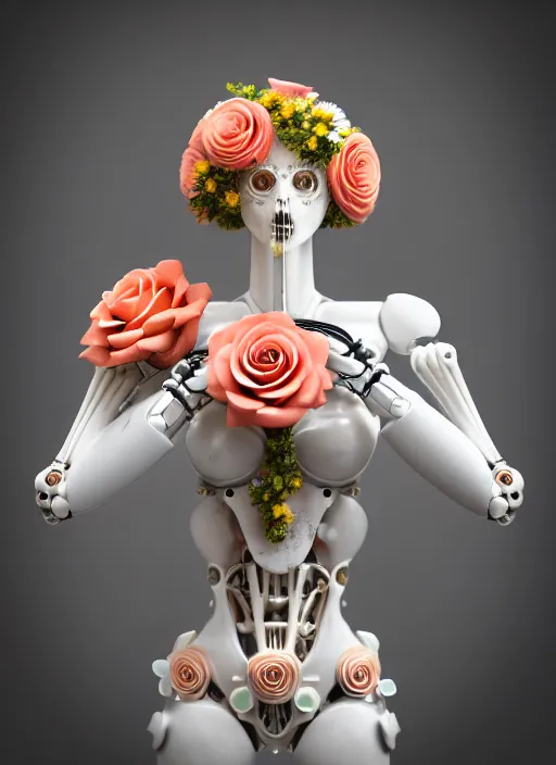 Image similar to slender biomechanical white marble statue holding perfume bottle made of corals, daisies, roses, well contoured smooth fair walls carrying perfume bottle, up close shot, sharp focus, global illumination, radiant light, alexandre ferra white mecha, irakli nadar, octane highly render, 4 k, ultra hd,