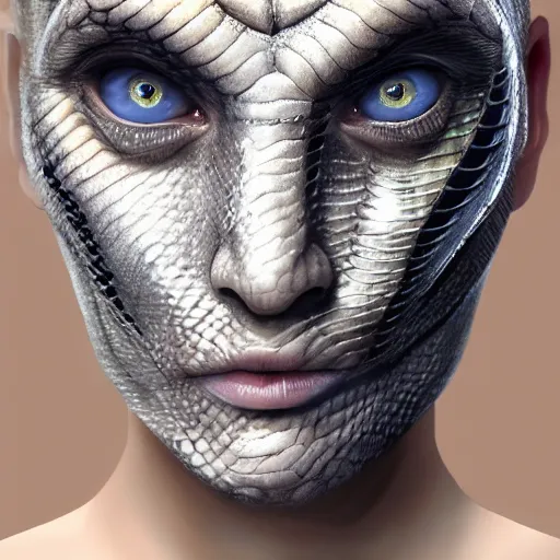 Prompt: A portrait of (reptilian), snake eyes, slit pupils, (metallic scales), Liz Truss, human-reptile hybrid, hyperrealistic, trending on artstation