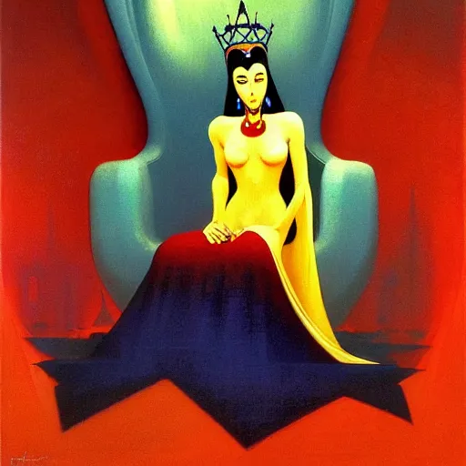 Image similar to an oil painting of a queen in a thierry mugler dress sitting on a throne, by bruce pennington, by eyvind earle, nicholas roerich, by frank frazetta, by georgia o keeffe, by dean cornwell, eerie, ominous, baghdad, oriental, desaturated, anime