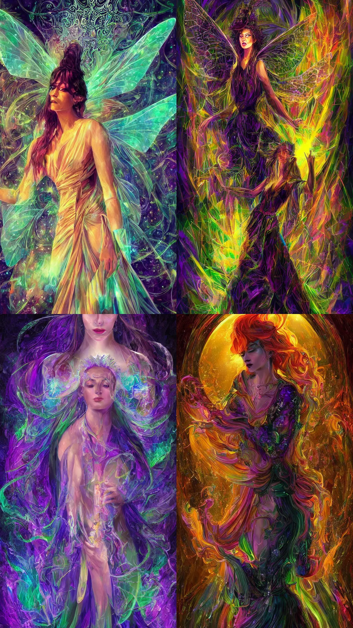 Prompt: a stunning portrait a witch faerie wearing a majestic flowing silk robe holding a prism in a crystal room with many mirrors, head and shoulders only, highly detailed prism, artistic composition, sharp focus, intricate concept art, digital painting, colorful flat surreal design, dramatic lighting