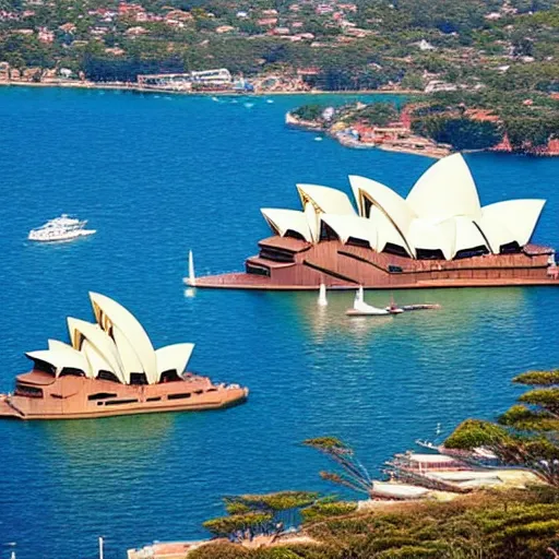 Image similar to sydney opera house as a sailboat with 1 5 different sails and huge stacks of beautiful architecture coves as sails