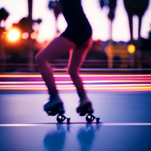 Image similar to a roller skater in a cinematic closeup. in santa monica at blue hour. canon eos c 3 0 0, ƒ 1. 8, 3 5 mm. 8 k. medium - format print. inspired by roger deakins cinematography