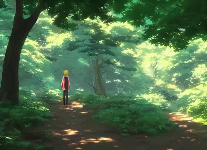 Image similar to going on a nature walk through the woods in Japan, anime scenery by Makoto Shinkai, wholesome and sunlit, discovery