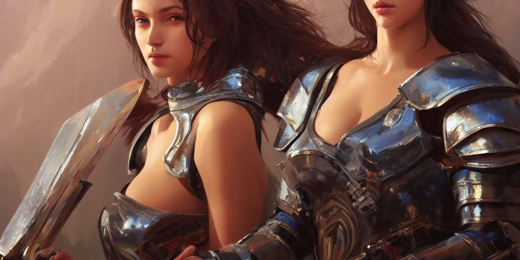 Image similar to an ultradetailed beautiful portrait panting of an attractive buff woman wearing knight armour, oil painting, fantasy art, by ilya kuvshinov, greg rutkowski and makoto shinka