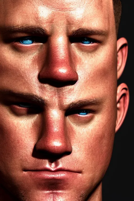 Image similar to a head shot of channing tatum as half human and a tater tot on a plate, tater tot face, ef 8 5 mm f 1. 8 usm, bionic scifi alexandre ferra, hyper detailed, digital art, trending in artstation, cinematic lighting, studio quality, smooth render, unreal engine 5 rendered, octane rendered