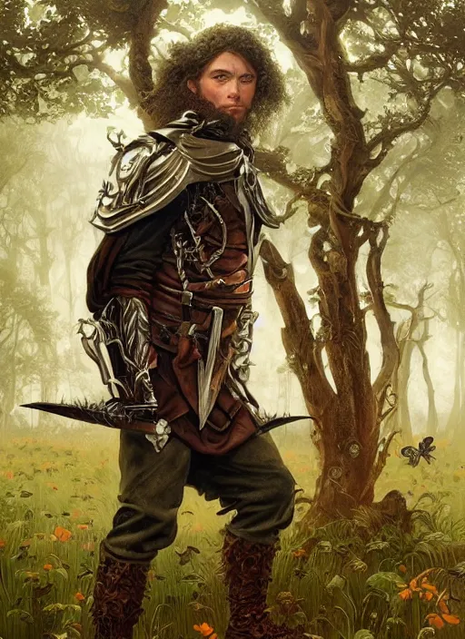 Image similar to a portrait painting of a grim fighter male hobbit wearing leather armor on a beautiful lush forest meadow, morning, art by Tristan Eaton, Stanley Artgerm, Tom Bagshaw, Greg Rutkowski, Carne Griffiths