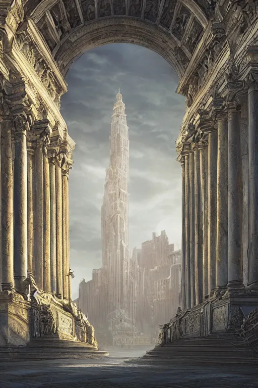 Image similar to gigantic palace, adorned pillars, towers, landscape, alex ross, neal Adams, david finch, concept art, matte painting, highly detailed, rule of thirds, dynamic lighting, cinematic, detailed, denoised, centerd