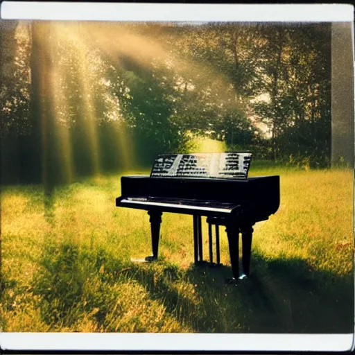 Image similar to a Polaroid photo of a transparent perspex piano in a field, beams of light, nostalgic