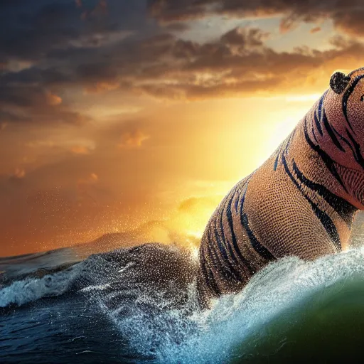 Image similar to a closeup photorealistic photograph of a knitted tiger hippopotamus riding a large wave during sunset. surf in the background. professional capture. brightly lit scene. this 4 k hd image is trending on artstation, featured on behance, well - rendered, extra crisp, features intricate detail, epic composition and the style of unreal engine.