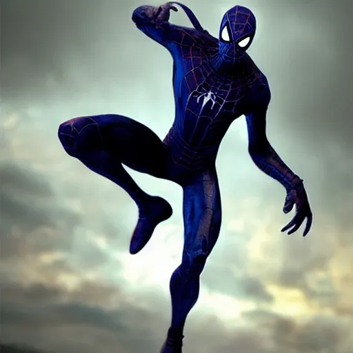 Image similar to moody atmospheric portrait render of an metal blue spiderman by greg rutkowski and marc silvestri made with unreal engine