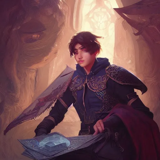 Image similar to photography of teenage boy, deep focus, d & d, fantasy, intricate, elegant, highly detailed, digital painting, artstation, concept art, matte, sharp focus, illustration, hearthstone, art by artgerm and greg rutkowski and alphonse mucha