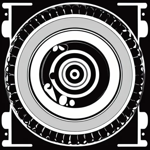 Image similar to woodlathe, turning bowl, lathe, machinery, sawblade border, vector art, simple, clean, monochromatic