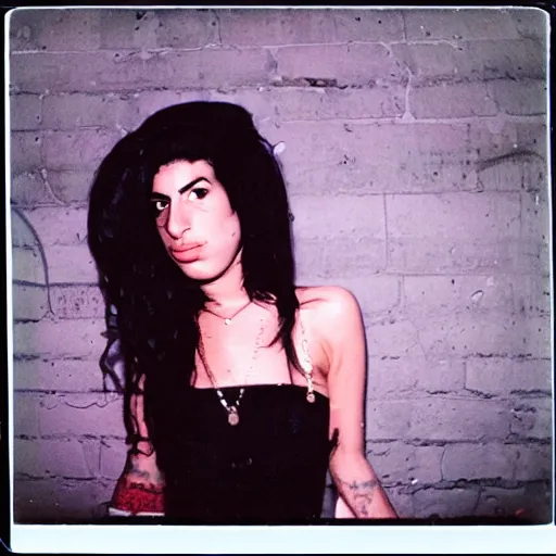 Image similar to a polaroid of amy winehouse in the east village at night, raining!