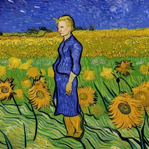 Prompt: van gogh painting of a sad hillary clinton standing in a flower field sunny