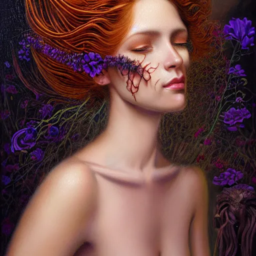 Image similar to facial portrait of a young gorgeous woman in flowing sensual dress, arrogant, long fine flowing hair, delicate, looking at camera, slightly awkward smile, realistic face, hands behind back, stylish, elegant, grimdark fantasy, flowers, extremely detailed painting inspired by Gerald Brom and Ernst Haeckel and Kaluta, studio lighting