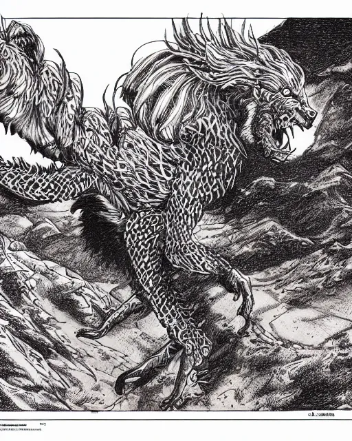 Prompt: pen and ink drawing of a manticore in the desert, by steve jackson and ian livingstone, highly detailed