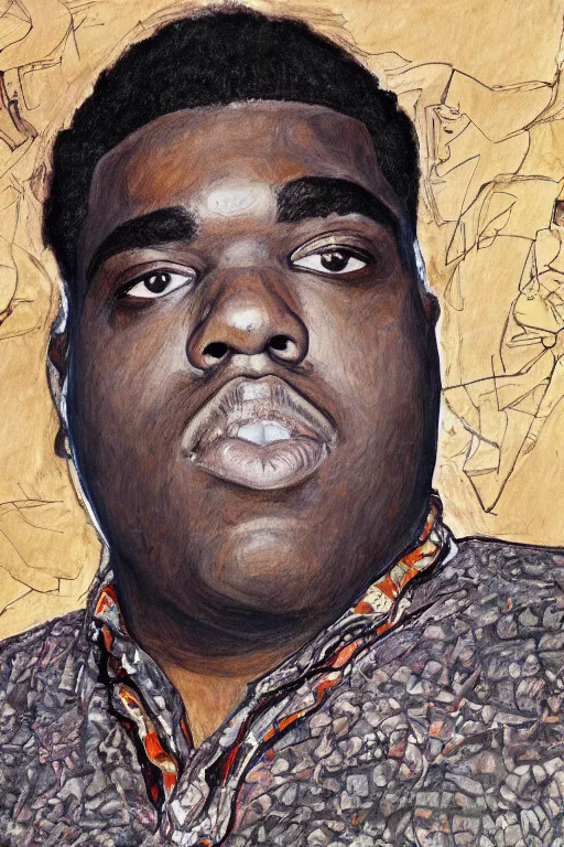 Prompt: a portrait of biggie smalls in style of egon schiele, notorious b. i. g., masterpiece, hyperdetailed, complex, intricate, old school photo, 4 k, trending on artstation