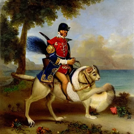 Image similar to a giant squirrel carrying napoleon bonaparte on its back, beach scene with flowers and foliage, detailed oil painting