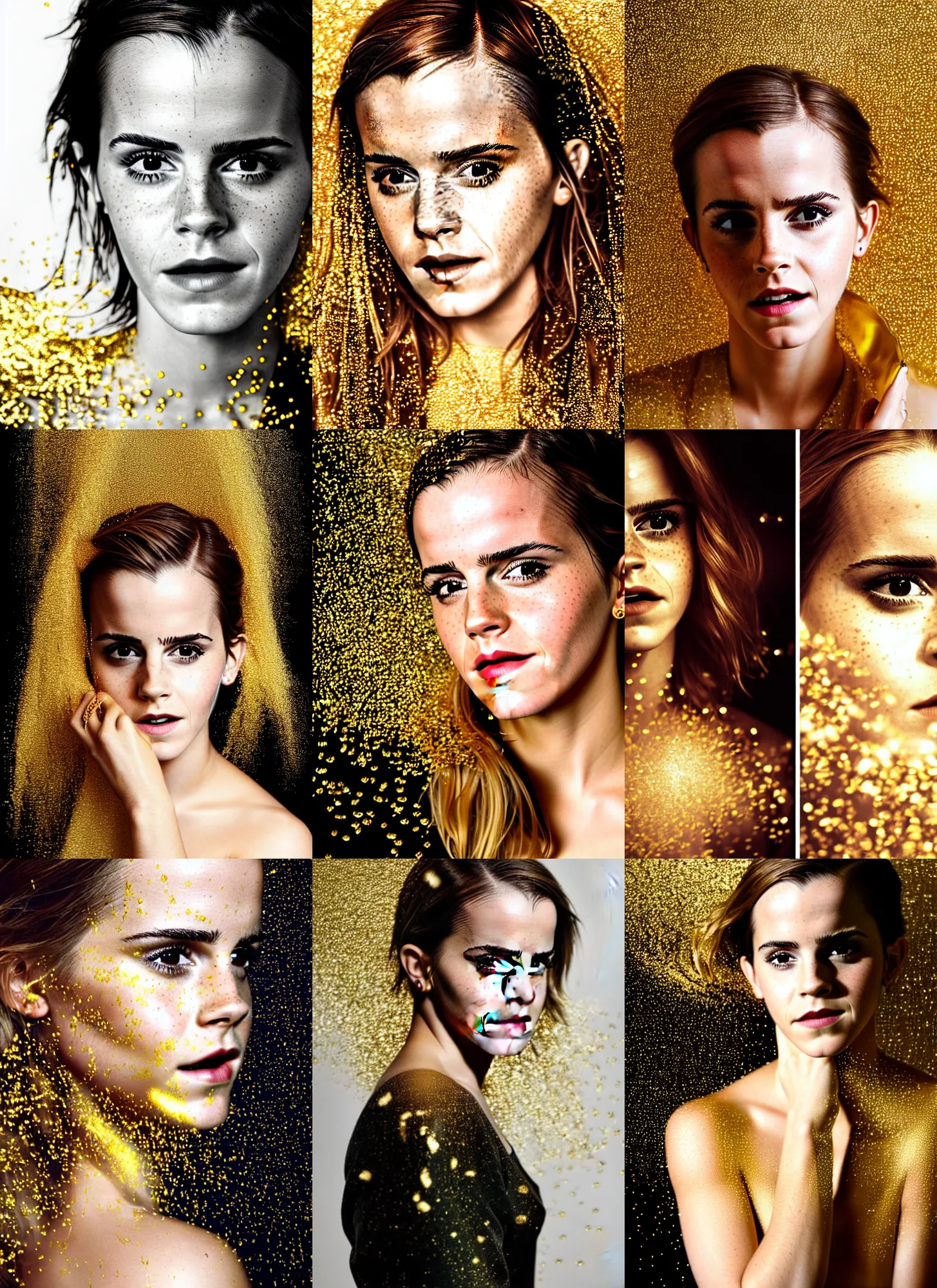 Prompt: intimate photo of emma watson being showered by gold rain, portrait in the style of petter hegre, sharp details