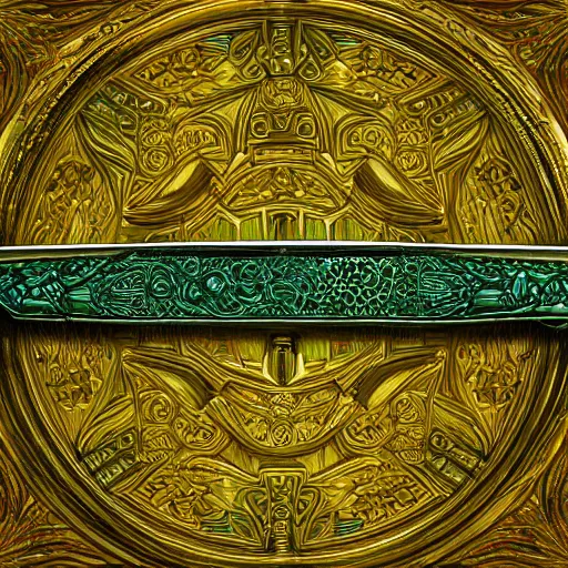 Image similar to symmetric, green fantasy sword, intricate, elegant, highly detailed, digital painting, 4k, HDR, concept art, detailed jewelry, smooth, sharp focus, illustration, matte finish, high contrast, 3d depth, masterpiece, vivid colors, artstationhd