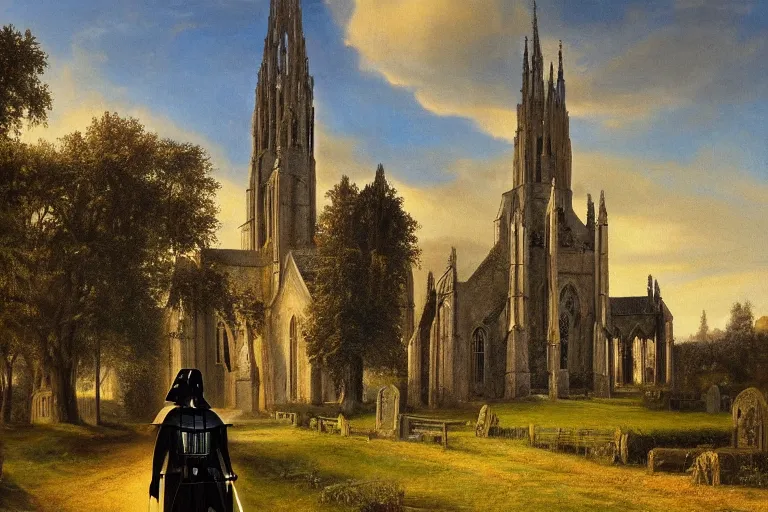 Prompt: a detailed oil painting of darth vader leaving a quaint medieval flint church, english, churchyard, trees, golden hour, lead - covered spire, realistic architecture