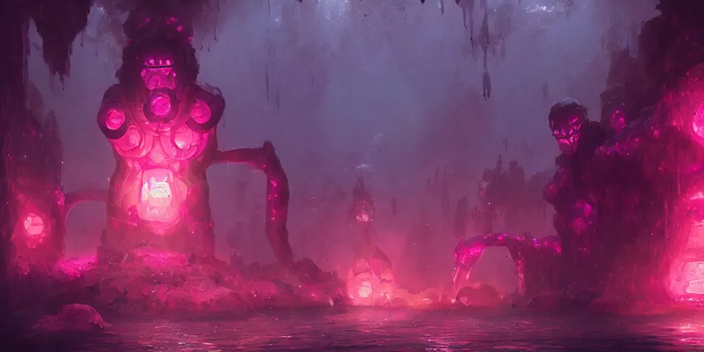 Image similar to giant golem made of crystal, bright pink purple lights, underwater, d & d, art by greg rutkowski