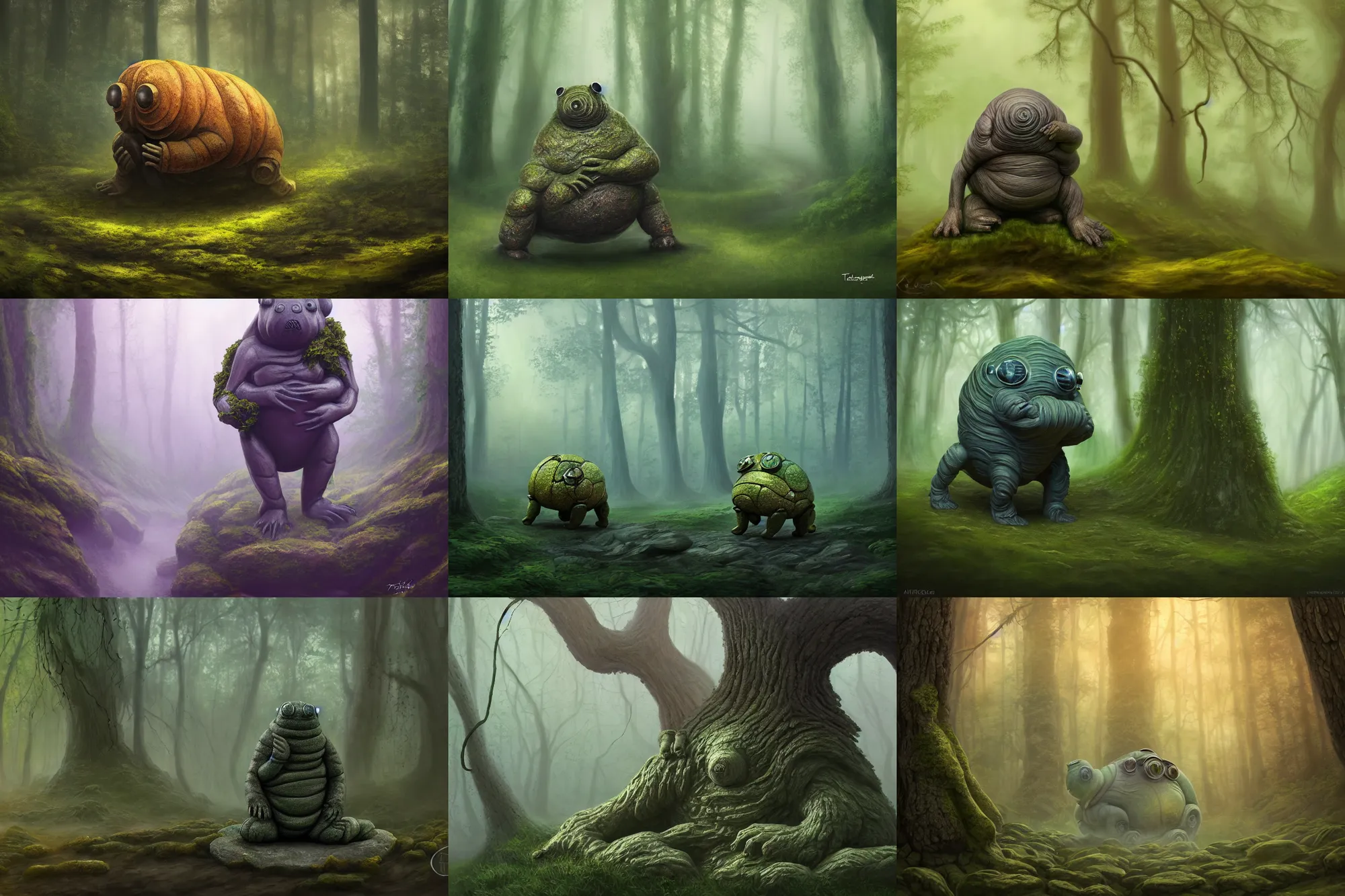 Prompt: tardigrade statue in the forest, smooth, stone, ethereal, vibrant, fantasy, elegant, greenery, fog, golden hour, digital painting, masterpiece, trending on artstation