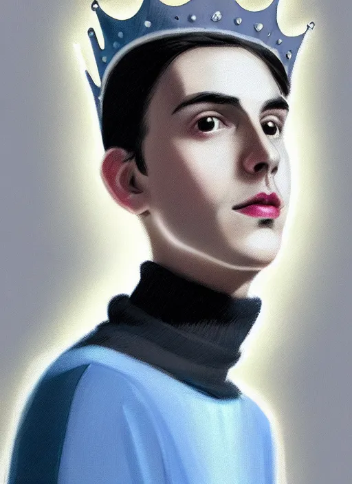 Image similar to portrait of teenage jughead jones wearing a light grey crown, crown, blue turtleneck, 1 9 5 0 s, closed eyes, photorealistic, black hair, glowing lighting, intricate, elegant, glowing lights, highly detailed, digital painting, artstation, concept art, smooth, sharp focus, illustration, art by wlop, mars ravelo and greg rutkowski