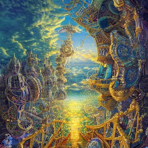 Prompt: ' sky palaces ', visionary insanely detailed intricate and beautiful stunning winning art, trending top art, masterpiece by arthur adams, thomas kinkade, igor zenin, gilbert williams, bruce pennington, martin johnson heade, andreas franke, andreas achenbach, yoshitaka amano, guy billout, artur bordello, michael cheval