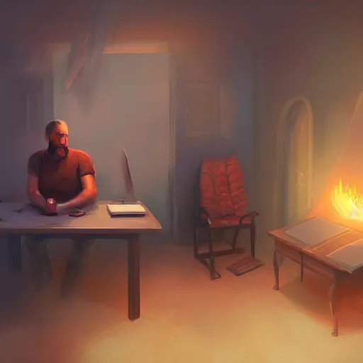 Image similar to a man and a room in a scorching hot room with two computers, inferno, d & d, fantasy digital painting, trending on artstation, concept art, sharp focus, illustration, global illumination, ray tracing, realistic shaded, art by artgerm and greg rutkowski and fuji choko and viktoria gavrilenko and hoang lap