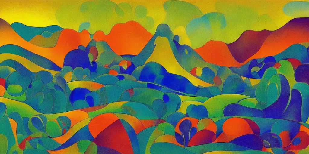 Prompt: A modernist landscape painting. Wild energy patterns rippling in all directions. Curves, zig-zags. Organic. Mountains. Clouds. Vegetation. Rushing water. Waves. LSD. Fauvism. Odilon Redon. Agnes Pelton. Peter Max.