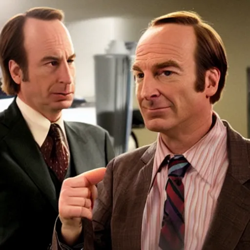 Image similar to saul goodman's character portrayed by bob odenkirk, from the show, breaking bad and better call saul, hitting an enormous, complex dab rig with christian bale's character, patrick bateman from american paycho.