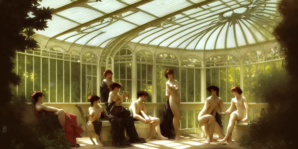 Image similar to artgerm, william - adolphe bouguereau style, long shot of bright sun of an art nouveau style conservatory, atmospheric, highly detailed, 1 9 2 0's style speakeasy, digital painting, artstation, concept art, smooth, sharp focus, illustration,