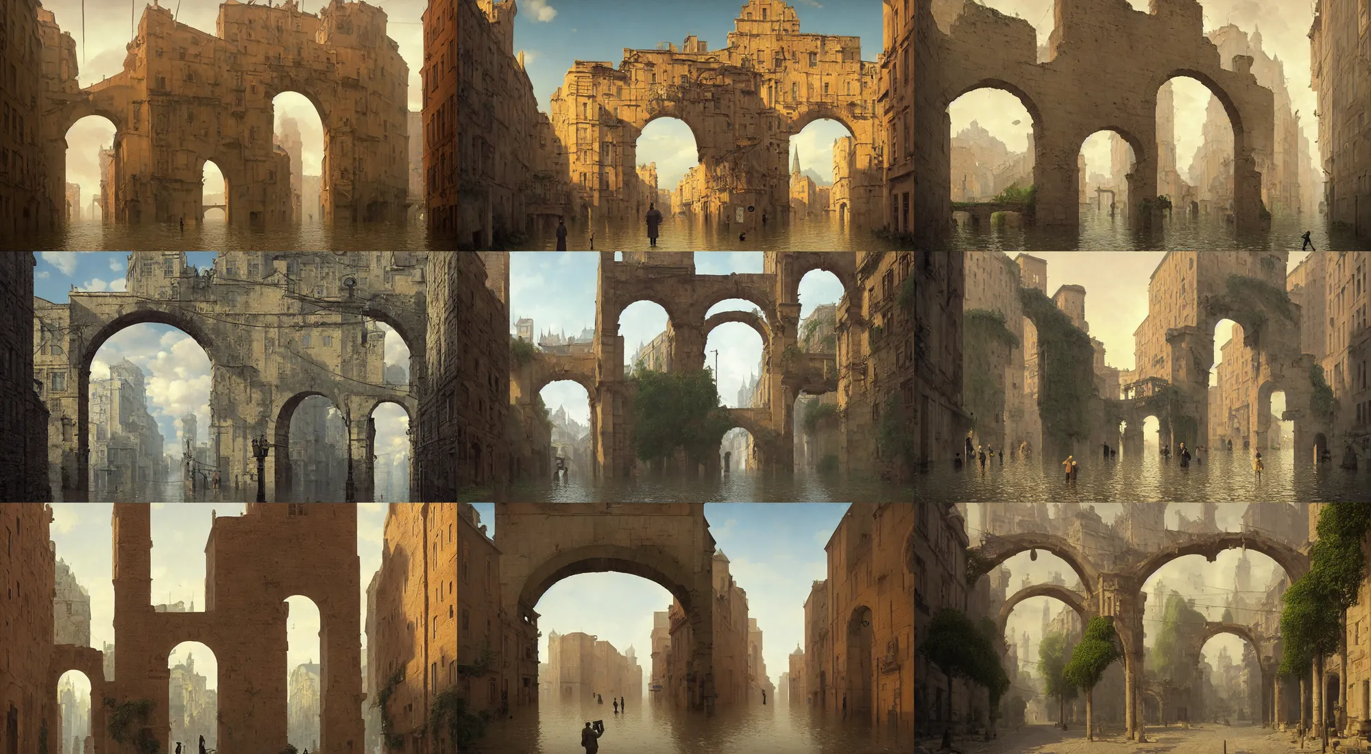 Prompt: flooded ancient street empty arch, a high contrast! minimalist ultradetailed photorealistic painting by rene magritte simon stalenhag carl spitzweg jim burns, full - length view, vibrant colors, symmetry, great composition, high detail, cinematic lighting, award winning masterpiece, trending on artstation