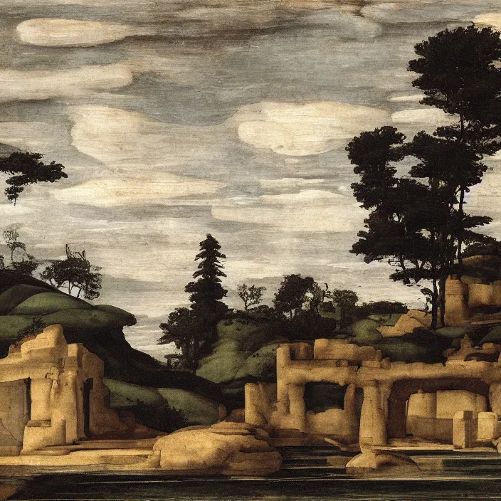 Image similar to a building in a serene landscape, by michelangelo