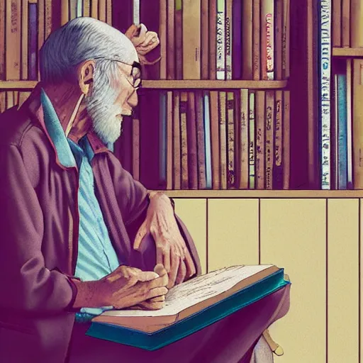 Prompt: detailed photorealistic 2 d pictures a old man read manga while sitting on his library, table, cat, bokeh, cinematic in the style of alex ross and banksy