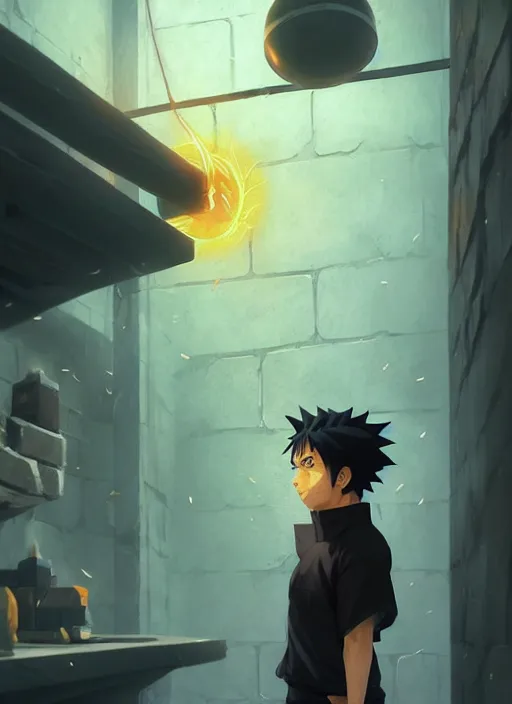 Image similar to highly detailed prison cell with naruto uzumaki with black hair, hitting a wall, art by greg rutkowski, loish, rhads, ferdinand knab, makoto shinkai and lois van baarle, ilya kuvshinov, rossdraws, tom bagshaw, global illumination, radiant light, detailed and intricate environment