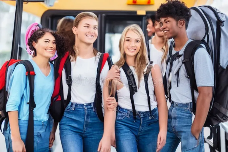 Prompt: generic modern day photo of young adults wearing backpacks and boarding a school bus, stock photo, 8 5 mm