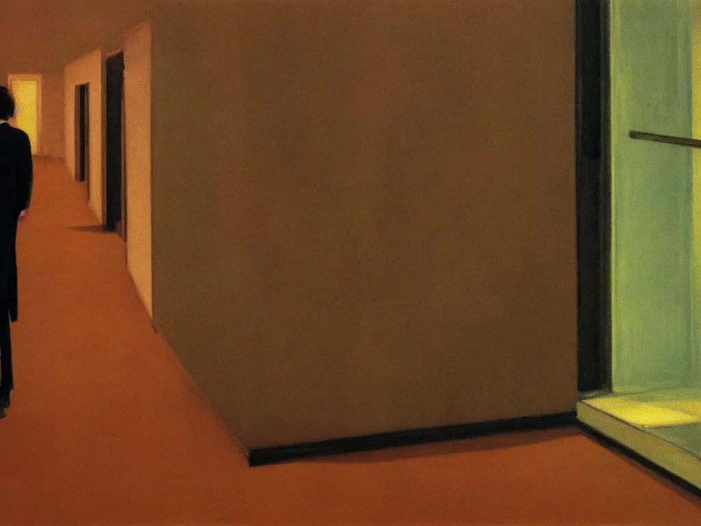 Image similar to the shinning hotel hallway, 70s, americana, dim, dark, lone scary silhouette in the distance, ultra view angle view, realistic detailed painting by edward hopper