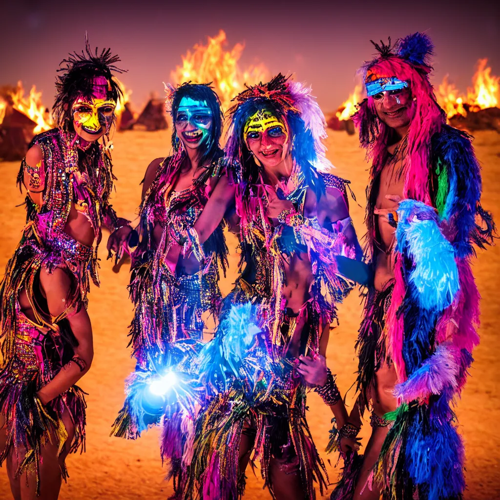 Image similar to portrait of two ravers in friendly costumes with detailed faces, dancing around a fire, photorealistic, dancefloor kismet, diverse costumes, clean composition, desert transition area, bonfire, night, australian desert, zaha hadid, xf iq 4, symmetry, sony a 7 r, 1 5 0 mp, 5 0 mm